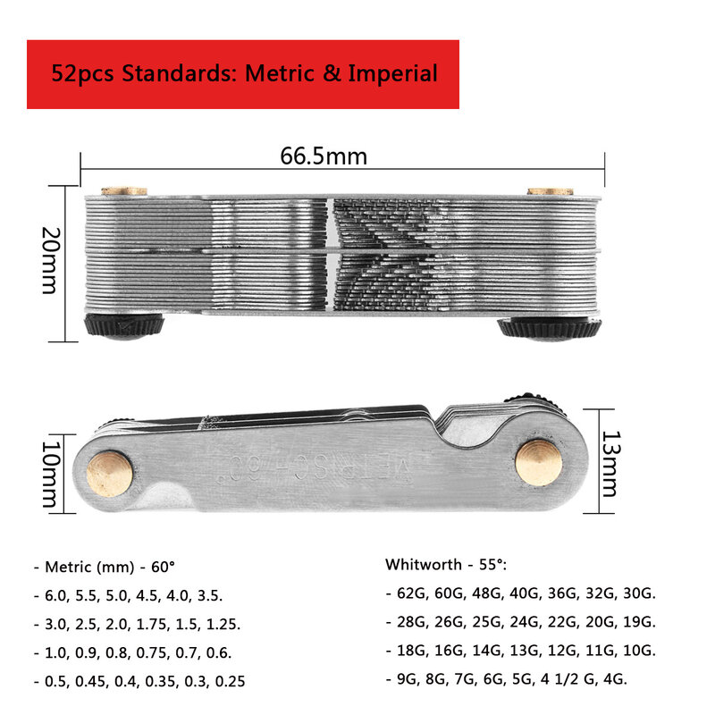 Calibrador de enchufe de rosca de EE. UU., herramientas de medición de paso de acero al carbono de diente de engranaje de tornillo, 55-60 grados, pulgadas métricas