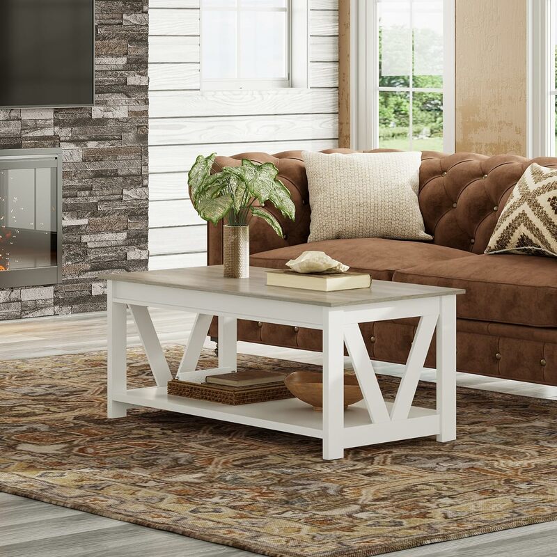 Couch tisch, Wohnzimmer tisch mit Stauraum, 43 in Holz Mittel tisch mit V-förmigem Rahmen für Home Office, Wohnung