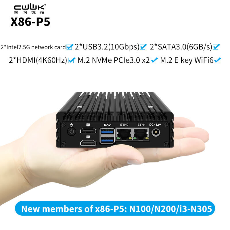 X86 P5 Router PC Firewall tanpa kipas, Mini PC Firewall generasi 12 Intel N305 DDR5 4800MHz 2x i226-V 2.5G LAN HDMI2.1 Proxmox Server