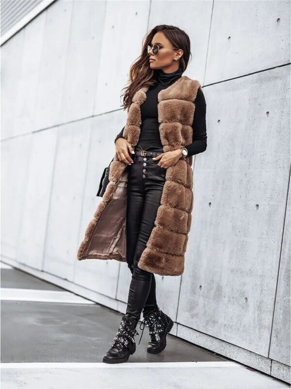 Colete de pele sintética de luxo feminino, imitação de vison, cardigã longo sem mangas, casaco xadrez, tops de pelúcia