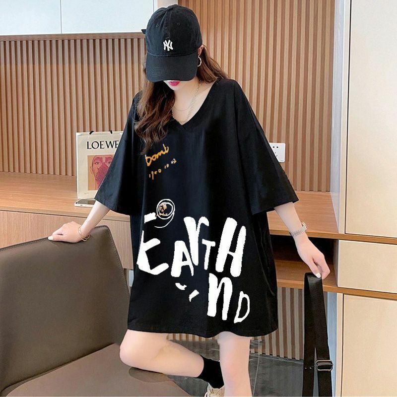 Junge Art Brief gedruckt T-Shirt Streetwear lose 2024 Sommer Mode rücken freie Damen bekleidung koreanische lässige V-Ausschnitt Pullover