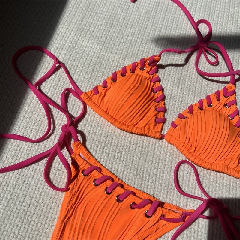 Женский оранжевый купальник из 2 предметов, нижнее белье и топ на шнуровке, пикантная Повседневная Уличная одежда для вечеринок и пляжного отдыха, на лето