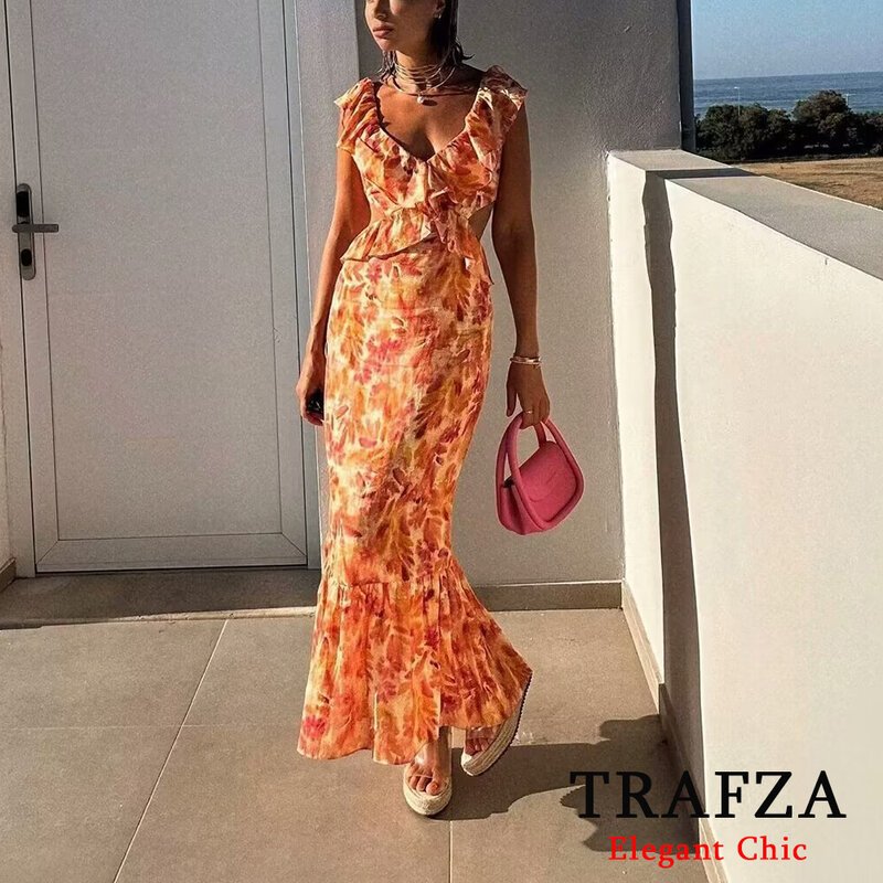 TRAFZA Vintage Print Layered Embellished Midi Women Dress Fashion 2024 Summer Neck Midi Dress  Party Holiday Evening Dress