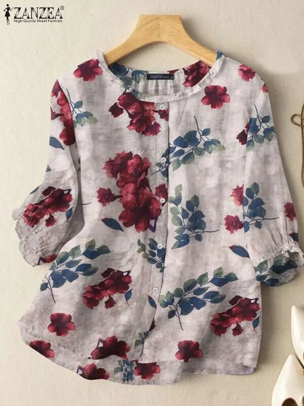 Vintage, w kwiaty koszula z nadrukiem 2024 ZANZEA letnia Bohemain bluzka damska kobiet 3/4 rękaw z dekoltem Blusas Casual Tops tunika Femme