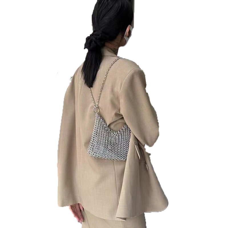 Bolso cruzado metálico para mujer, bolsa de hombro con cadena hecha a mano, tejido con aro hueco, bolsos de diseñador para teléfono