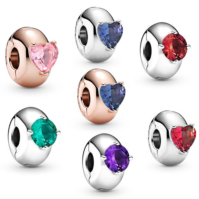 2024 New Round Heart-Shaped Gemstone Charms Clasp Stopper Beads Fit Original Pandora Necklace Bracelet Keychain DIY Fine Jewelry