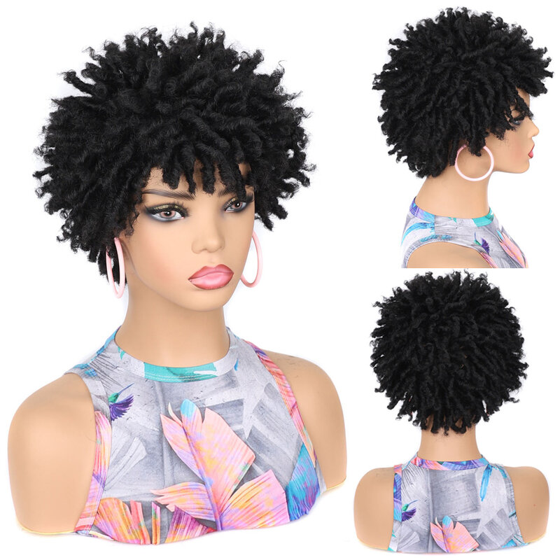 Perucas Dreadlock Curly Curly com Bangs para mulheres negras, cabelo sintético macio, Faux Locs