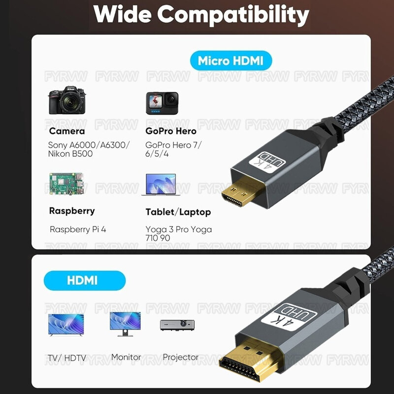 마이크로 HDMI-HDMI 호환 케이블, 4K HDR ARC, 고프로 히어로 라즈베리 파이 4 소니 A6000 니콘 요가 3 프로 카메라용, 마이크로 HDMI 코드