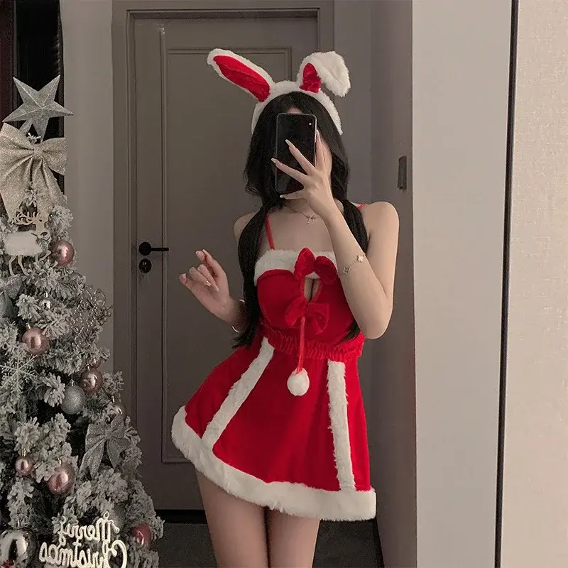 Kerst Meisje Pluche Mini Jurk Voor Vrouwen Kerstman Uniform Vrouwen Nieuwjaar Rode Outfits Hoofdband Bunny Pluche Kostuums Cosplay