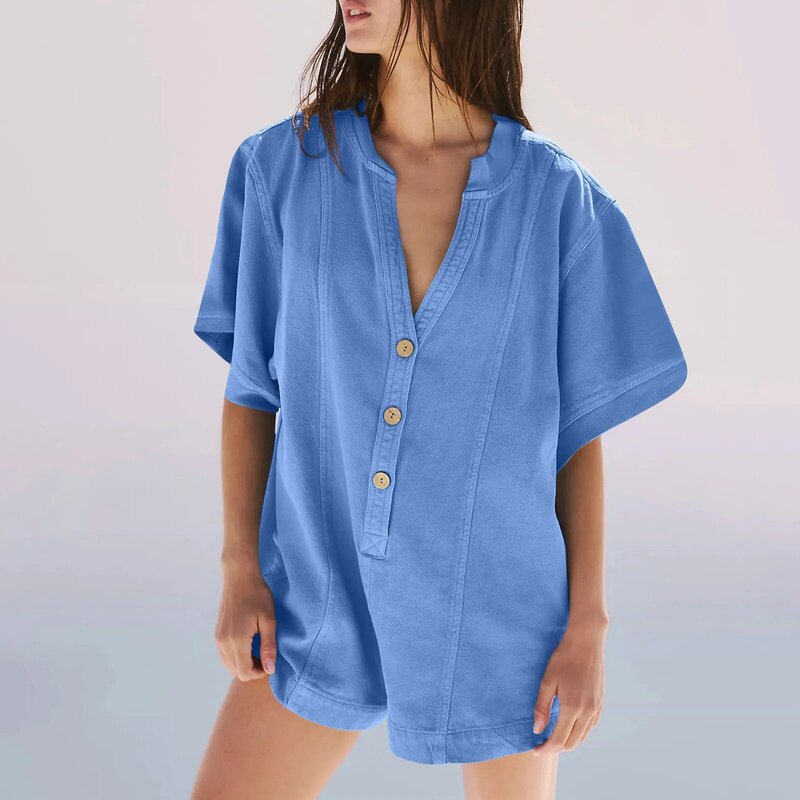 Summer Casual Loose Fit Shirts For Women V-Neck Short Sleevee Solid Pullover Crop Tops Female Fashion Button Blouse Tops 2024