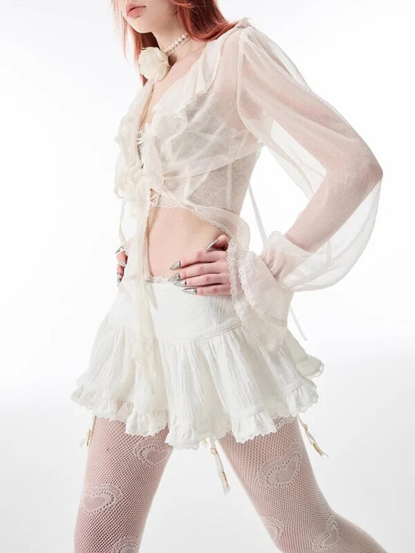 HOUZHOU Coquette Mini spódniczka damska 2024 Kawaii koronkowy Patchwork z siatką seksowna biała wysoka talia Lolita falbankowa spódnica Fairycore