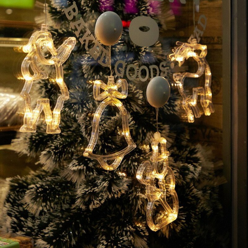 Luces LED con ventosa para decoración del hogar, campana de Navidad con forma de estrella de muñeco de nieve, con pilas, para ventana y vacaciones, novedad