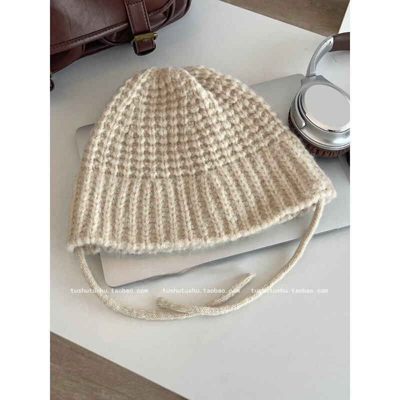 Sombrero de pescador de punto para mujer, gorro de lana cálido, protección para los oídos, versión coreana, Otoño e Invierno