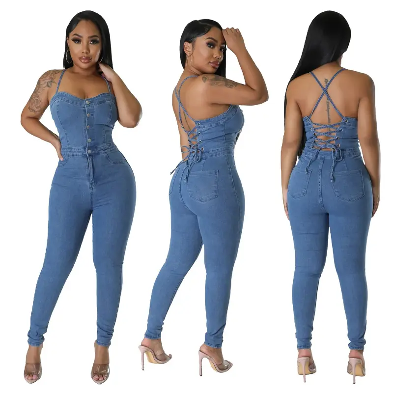Women Jeans Backless Denim Washing Overalls Solid Jumpsuits Slim Fit Sexy Ankle Length Summer 2024 High Street Pockets