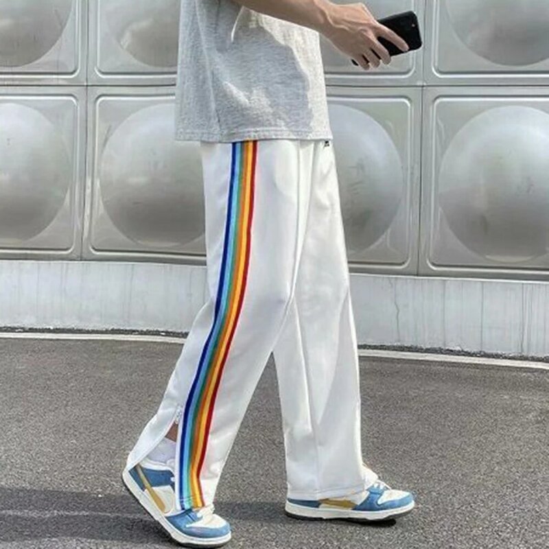 Summer New Rainbow Splicing Side Slit Zipper Casual Pants Men's Tide Brand High Street Straight Trousers Mopping Wide-leg Pants