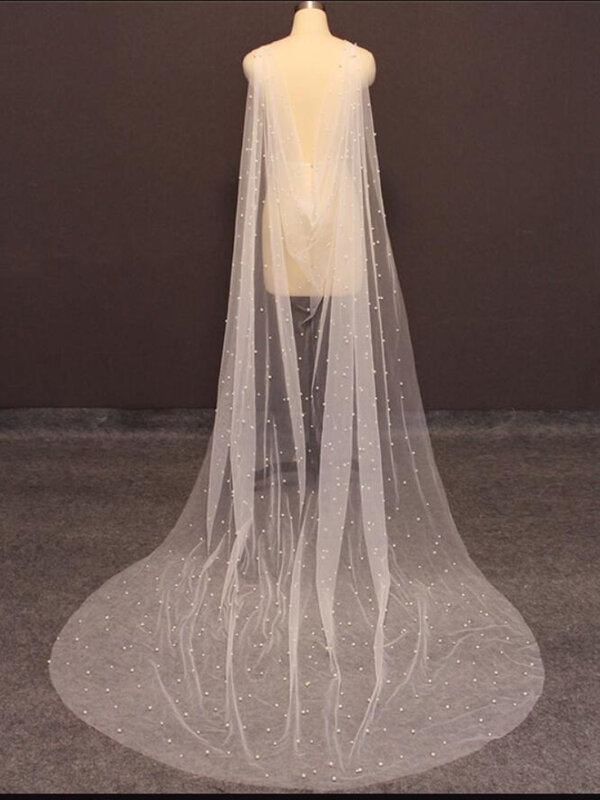 Nuove perle involucri nuziali 3 metri lungo velo da sposa velo bianco avorio coprispalle accessori da sposa perle velo del capo lunghezza personalizzata