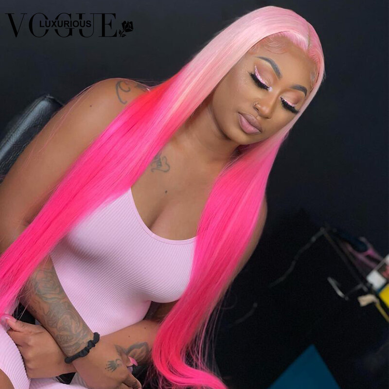 Wig 13X4 lurus merah muda panas untuk wanita hitam Brasil Virgin Remy rambut manusia Wig 13X6 prepked HD renda transparan Wig depan