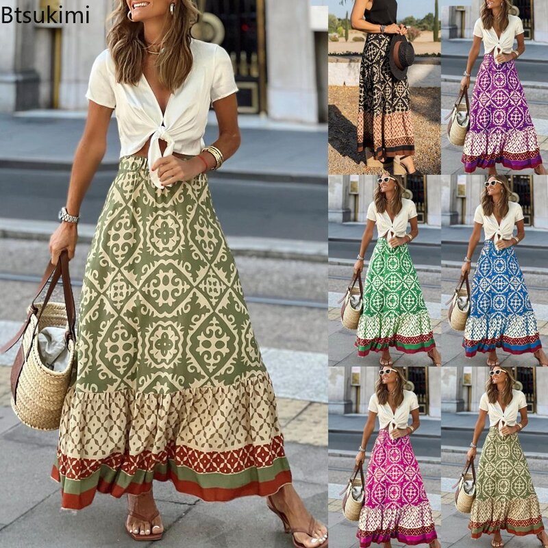 Женская винтажная юбка-макси с высокой талией, летняя юбка в стиле пэчворк с эластичным поясом, женское платье, новинка 2024