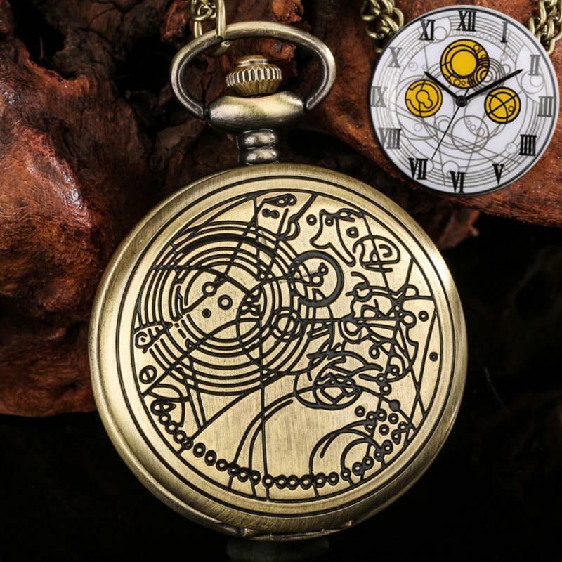 Retro Bronze Time Lord Space Exploration Design orologio da tasca al quarzo collana da uomo popolare Movie Hero Cosplay ciondolo catena dell'orologio