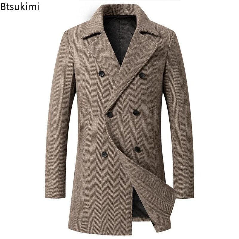 Casaco de lã de peito duplo masculino, trench coat simples de comprimento médio, jaqueta casual de lã, sobretudo masculino quente, negócio, novo, 2024