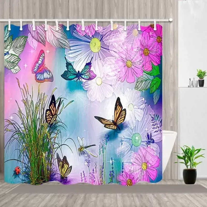 꽃과 식물 나비 샤워 커튼 세트, 다채로운 북유럽 자연 꽃 핸드 페인트 아트 원단 장식, 욕실 커튼