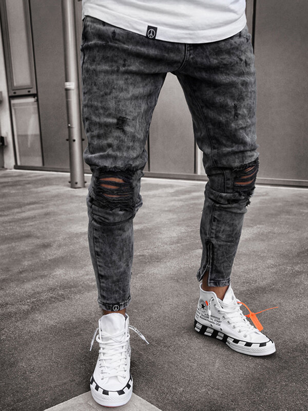 Nowe męskie jeansy męskie Retro Stretch obcisłe dżinsy rurki czarne spodnie jeansowe w stylu Casual, imprezowa spodnie ołówkowe cztery pory roku Slim Cut Zipper poszarpane spodnie