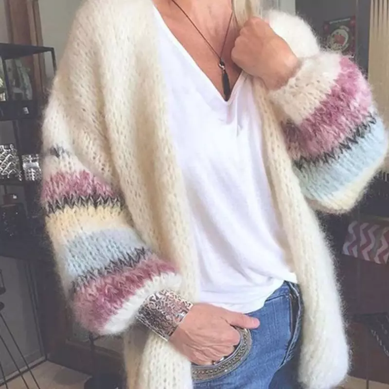 Casual Striped Mohair Warm Knitted Female Sigle Breasted Long Sleeve V-Neck Thick Coat S-XL Winter Autumn Women Sweater Cardigan
