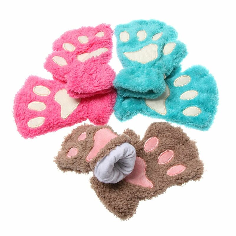 Girl Warm Plush Warm Fluffy Children Gloves Mittens Fingerless Cat Paw