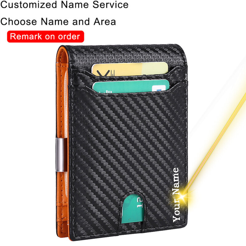 Tarjetero de cuero de fibra de carbono con logotipo personalizado para hombre, cartera Retro con Clip para tarjetas de identificación RFID, monedero