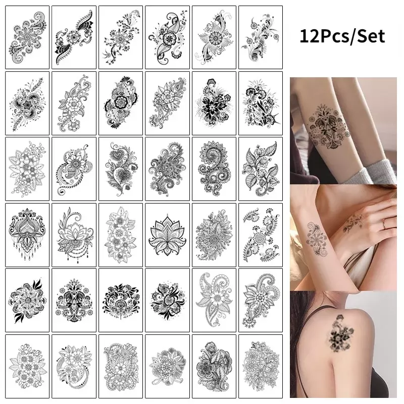 Tatuagem sexy temporária impermeável para mulheres, mãos falsas, braço e corpo, temporal, 12pcs por conjunto