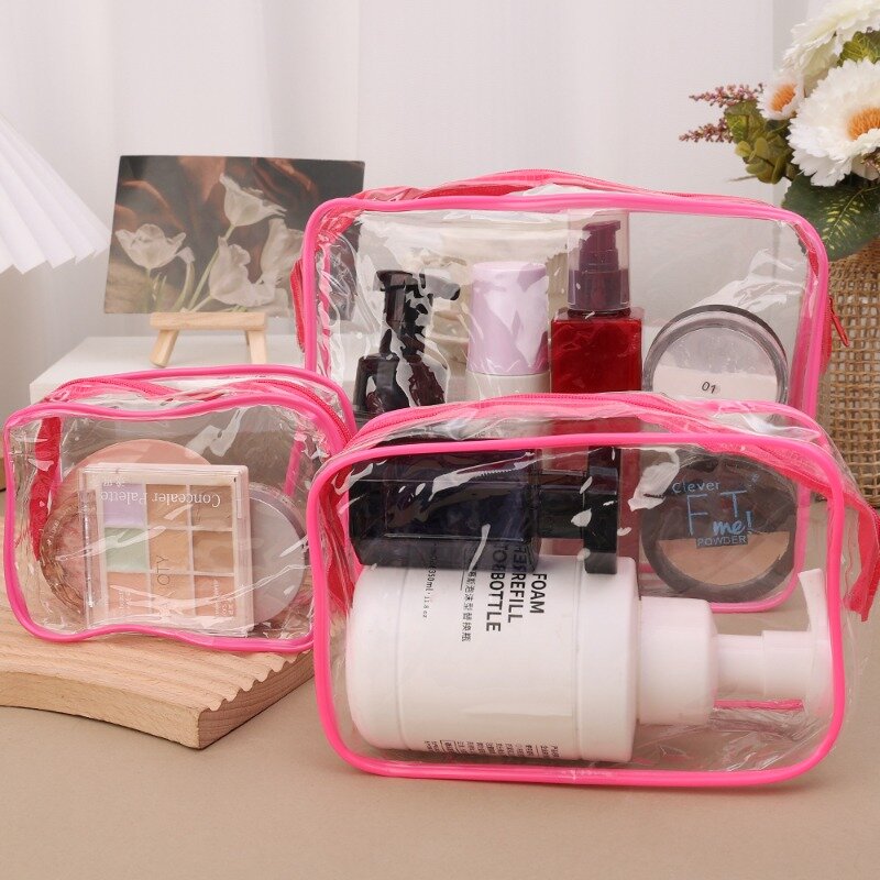 PVC化粧品バッグ,防水,耐摩耗性,ポータブルケース,透明,黒とピンクの線,シンプルなトラベル,モダン