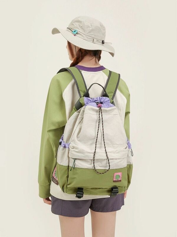 Mochila deportiva con cordón de Color de contraste para exteriores, bolso escolar informal de gran capacidad, mochila de viaje de ocio para estudiantes