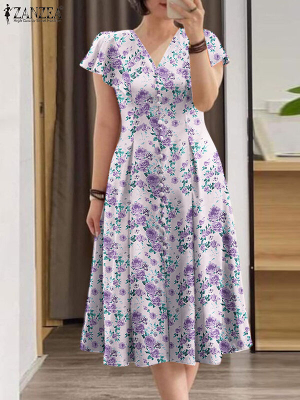 Богемный сарафан с принтом, летнее элегантное платье ZANZEA, женское модное платье с V-образным вырезом и коротким рукавом, модель 2024 года