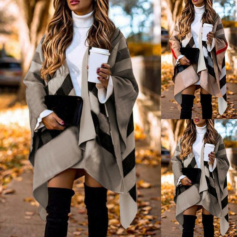 Lady Poncho Cape Fashion Autumn Winter Elegant Irregular Casual Batwing Fluffy Sleeve Overcoat Women Knitted Color Block Capes S