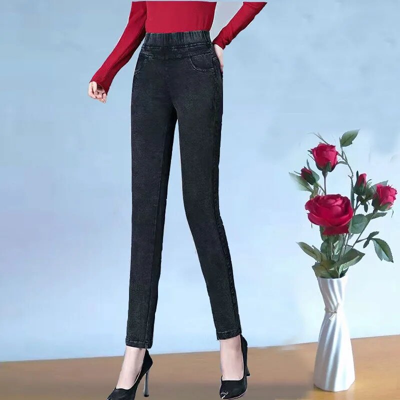 Pantalones Vaqueros elásticos de cintura alta para mujer, mallas ajustadas hasta el tobillo, Estilo Vintage, talla grande 34
