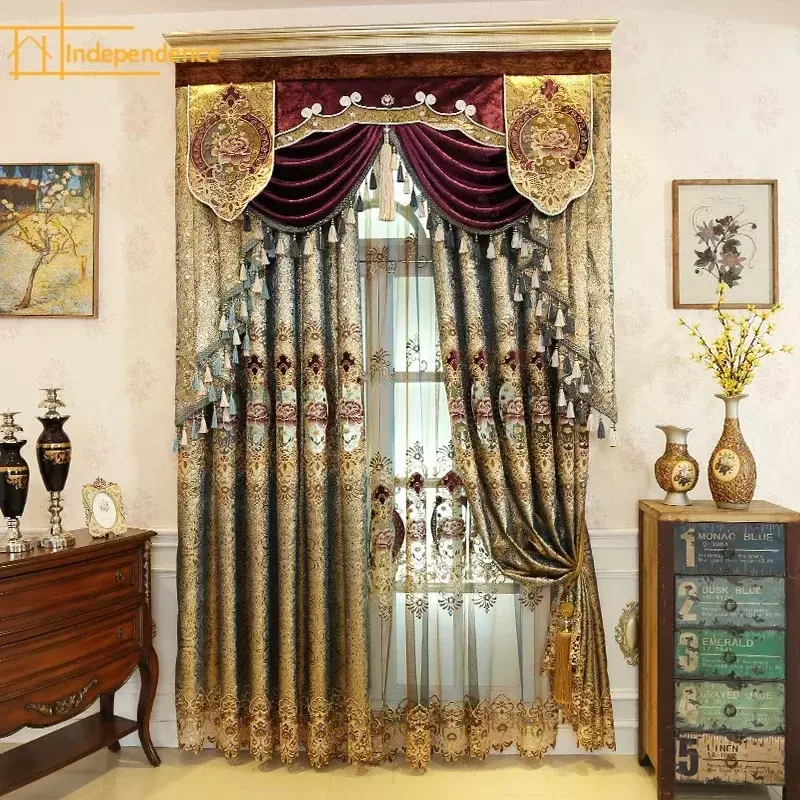 Złoty skórzany Hollow luksusowe wysokiej klasy europejskie zasłony haftowane cieniowania zasłony, możliwość personalizacji dla dzienny jadalnia sypialnia