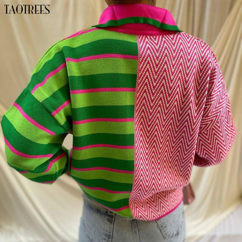 Taotrees Women's Knitwear Knitted Long Sleeve Colorblock Pullover Striped and Wave Pattern Lapel Sweater Jumper