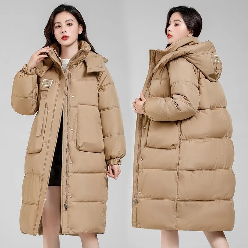 Женская парка, новинка 2023, зимняя стеганая куртка, модное свободное теплое длинное пальто, женские куртки с капюшоном, утепленные парки, пальто