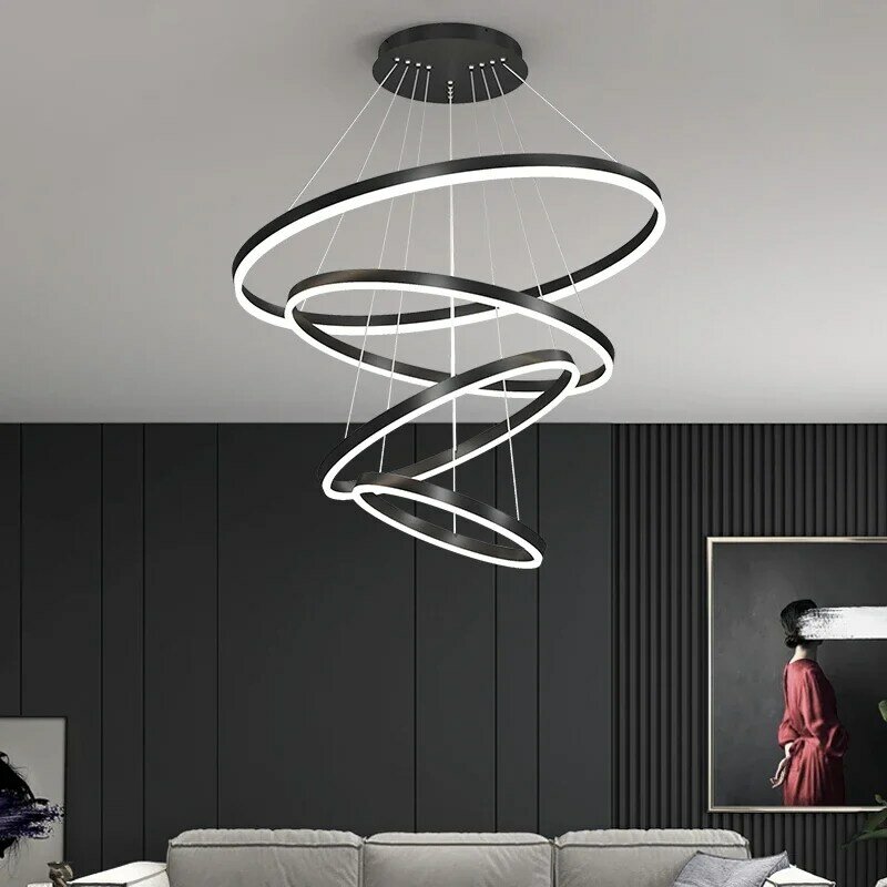 Lámpara colgante moderna con anillos Led, candelabro circular de techo, accesorio de iluminación interior, Loft negro, sala de estar, comedor y cocina