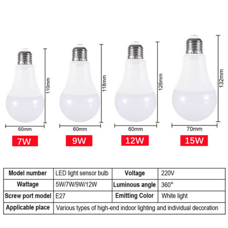 Yzzkoo-Lâmpada LED inteligente para jardim, lâmpada com sensor, luz diurna e noturna, Auto ON e OFF, varanda do pátio, E27, 12W, 9W, 7W, AC85, 265V