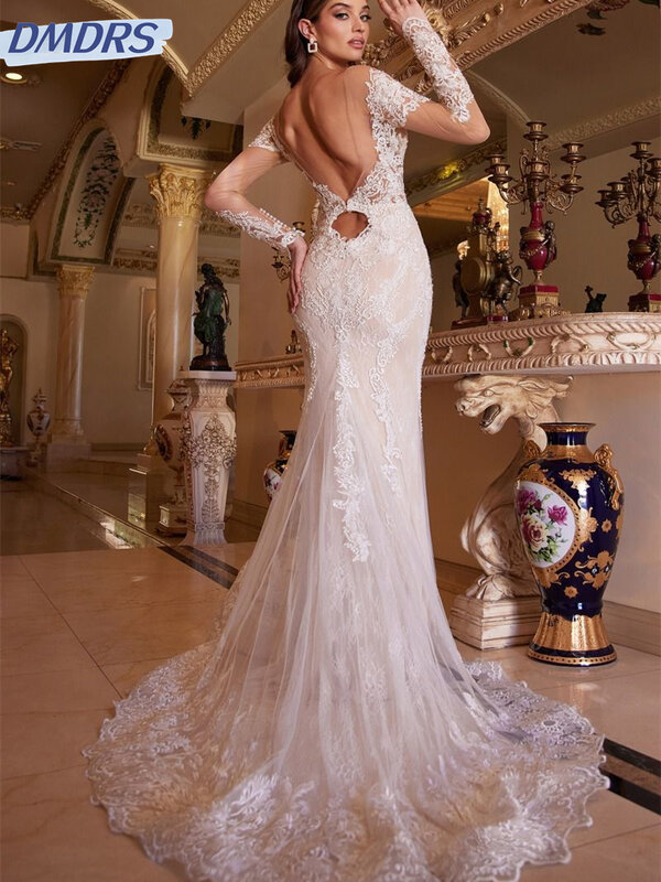 Gaun pernikahan kerah V rendah seksi gaun pengantin lengan panjang elegan 2024 gaun panjang selantai A-line romantis Vestidos De Novia