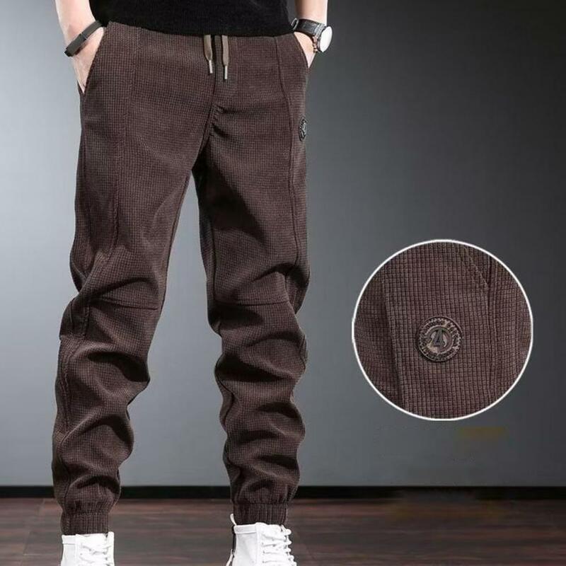 Polyester Fleece Trousers Cozy Men's Drawstring Sweatpants Warm Plush Solid Color Trousers with Elastic Waist Pockets