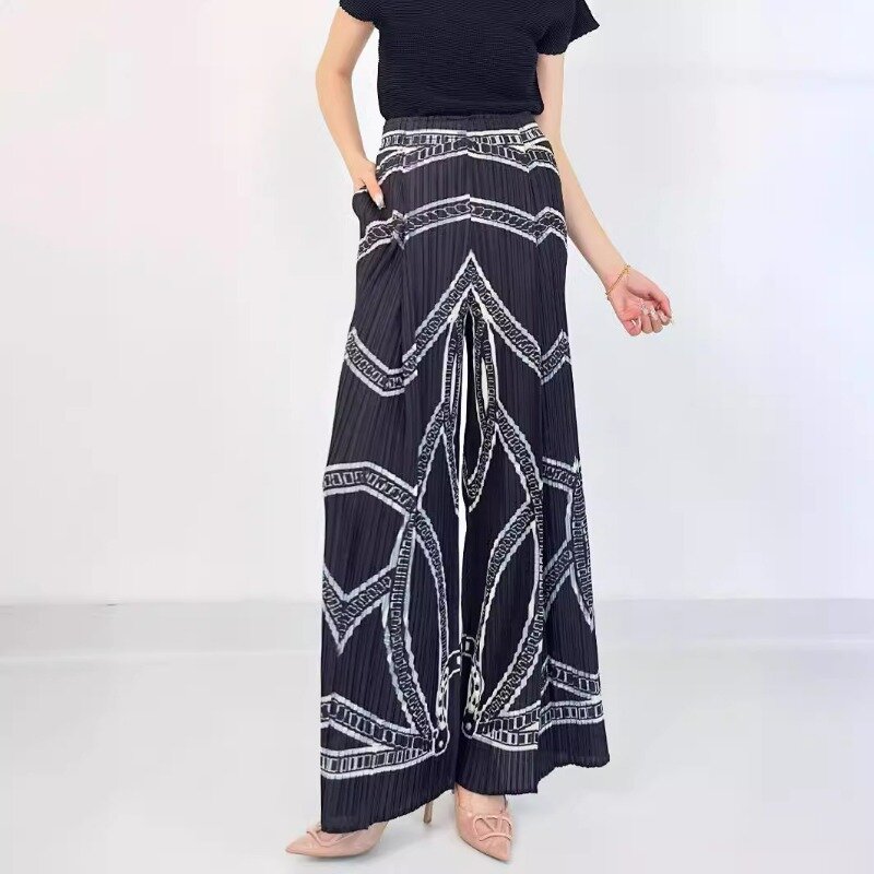 Miyake Rugged Vintage Stripe impresso calças largas para mulheres, calças soltas de alto sentimento, verão