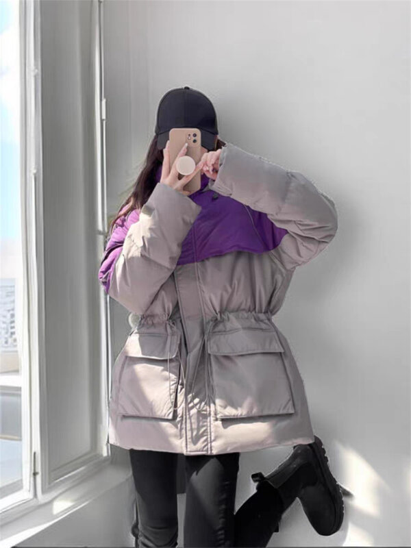 European Hooded Loose and Thickened Warm White Duck Down Drawstring Contrasting Color Mid Length Parker Down Jacket for Winter