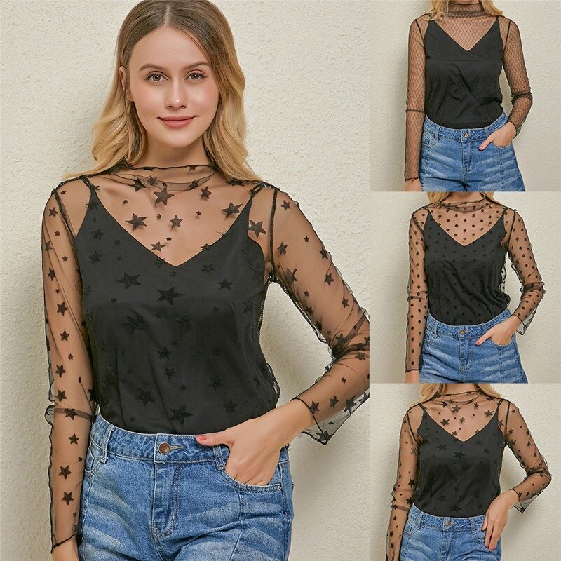 Women Sexy Shirt Mesh See Through Elegant Shirts New Transparent blouse Fashion Exquisite blusas Pentagram Dot Base Tops