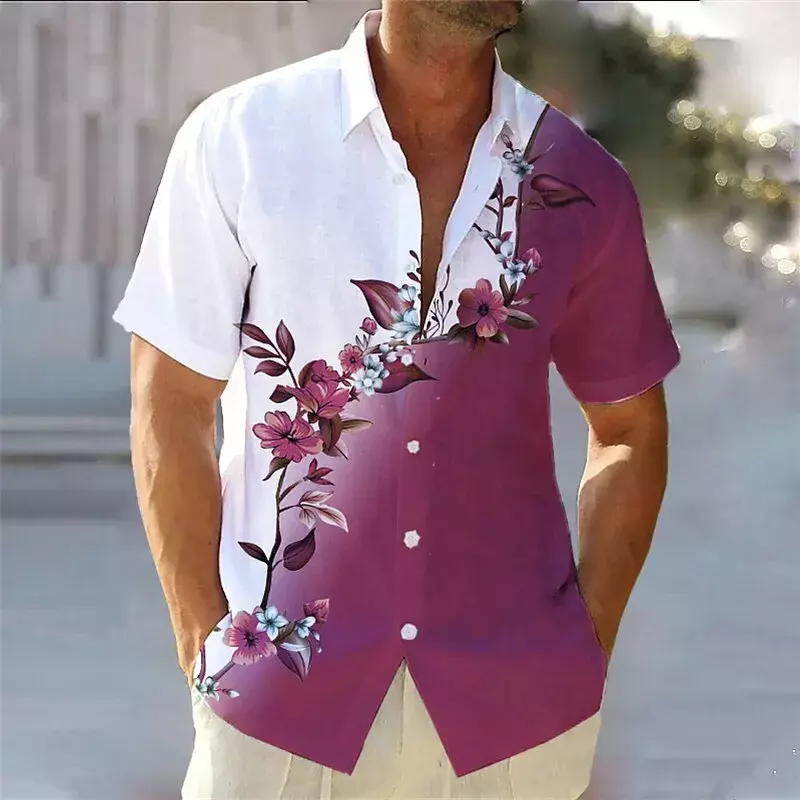 Camisa de manga curta masculina havaiana, estampa floral gradiente, blusa casual de conforto lapela aberta, high-end