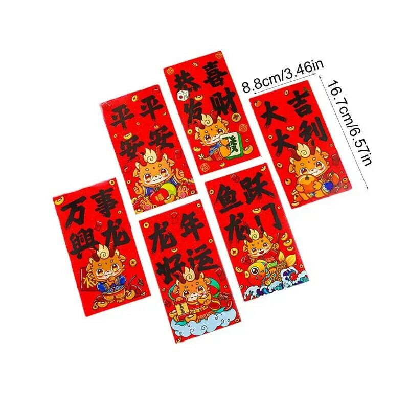 Enveloppes porte-bonheur dragon rouge, style chinois, année du dragon, argent, nouvel an, 6 pièces, 2024