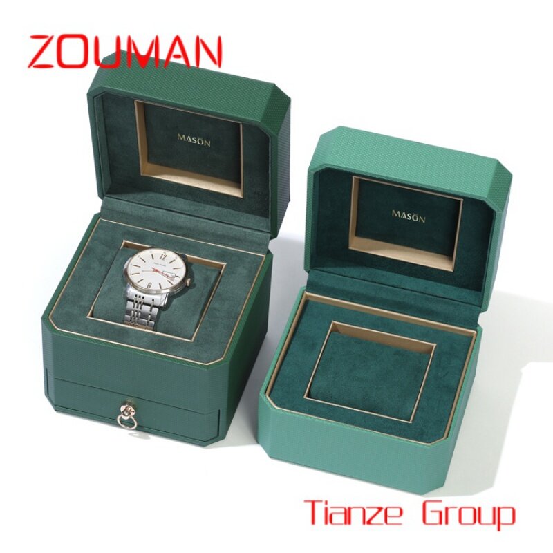 Caja de reloj de cuero personalizada, caja de embalaje de reloj con logotipo, caja de regalo de joyería de doble espacio