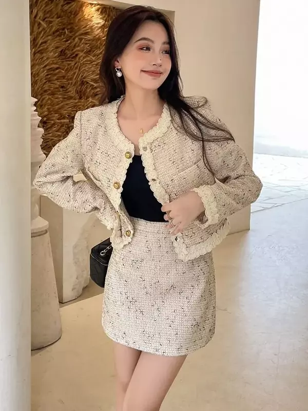 Lnsozkdg Elegant Women Suit Jacket Skirt Light Luxury Fashion Age-reducing Office Lady Suit Coat Slimming Skirt Two-piece Set