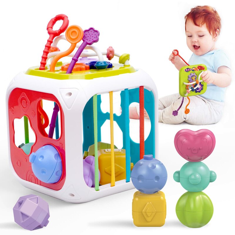 Baby Montessori Sensory Toys Pull String Shape Sorter Box Stacking Blocks Activity Cube Toy Baby Toys 6 to 12 18 Months